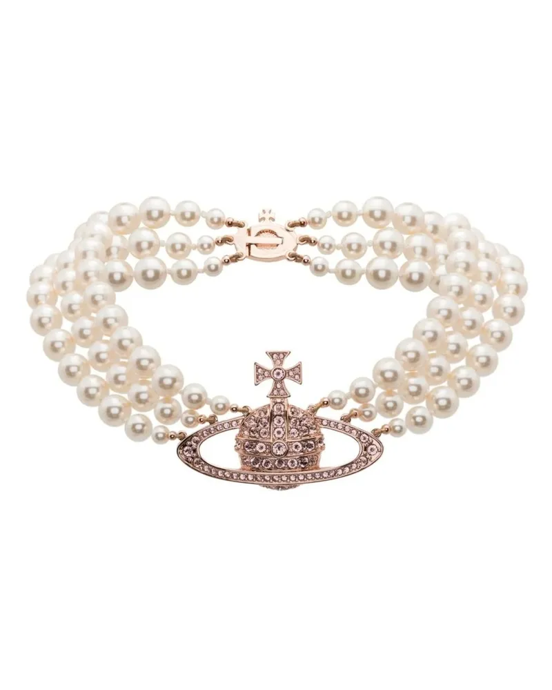 Vivienne Westwood Three Row Pearl Bas Relief Choker Rose