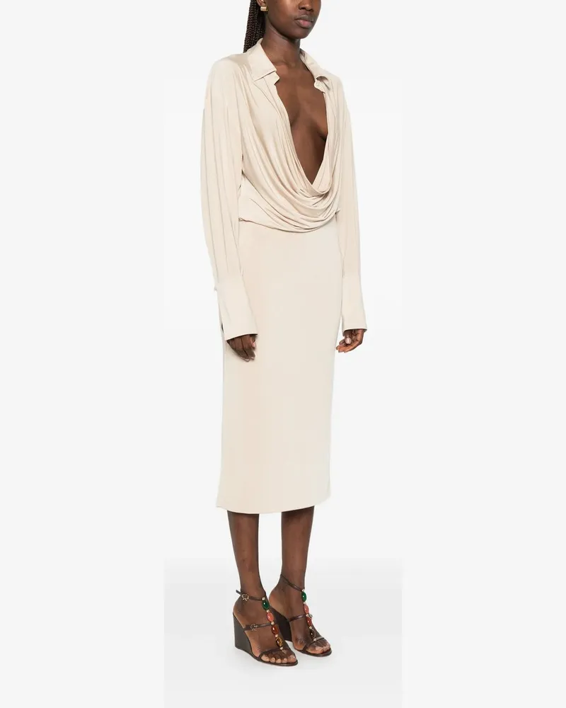 ANDAMANE Lilia Midi Dress Deep v Collar Midi Dress Beige