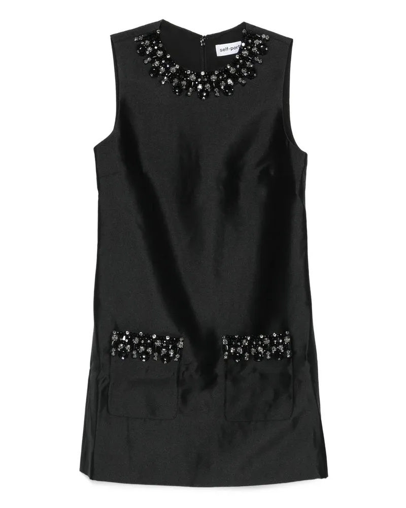 Self-Portrait Black Taffeta Embellished Trim Mini Dress Schwarz