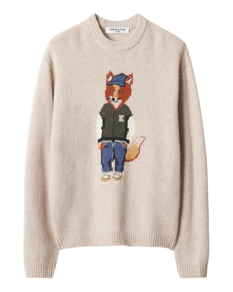 Kitsuné Dressed Fox Intarsia Wool Jumper Mrmkj02kt1241 Beige