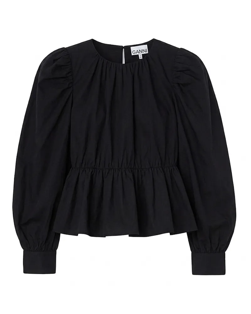 Ganni Compact Poplin Gathered Peplum Blouse Schwarz