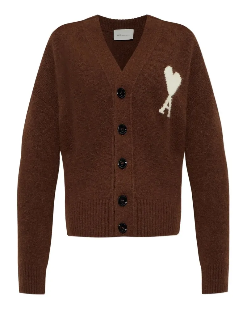 AMI Paris v Neck Cardigan With Ami de Coeur Braun