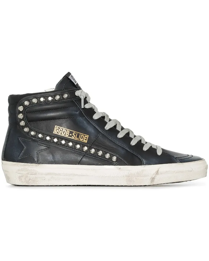 Golden Goose Slide Leather Upper Star List And Wave With Studs Schwarz