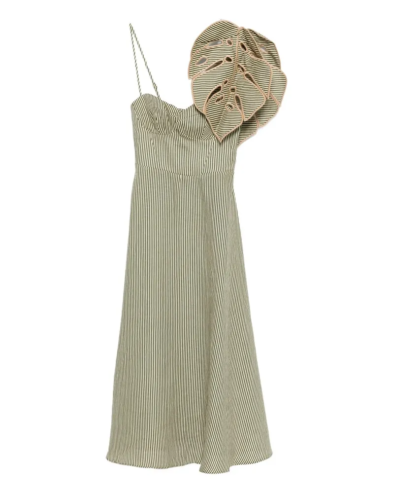 FARM Rio Striped Monstera Leaf Sleeveless Midi Dress Grün