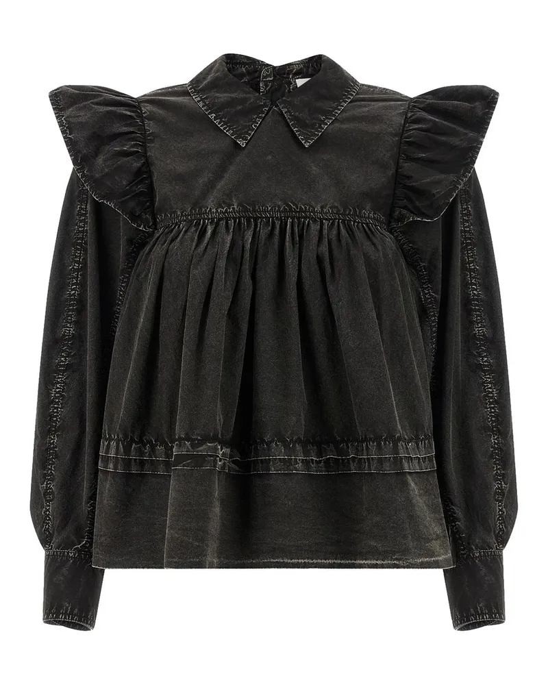 Ganni Garment Dyed Cotton Frill Blouse Schwarz