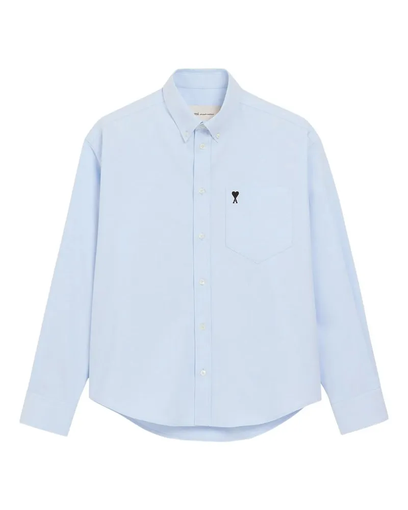 AMI Paris Boxy Fit Shirt Button Down Collar And Embroidered Ami de Coeur Blau