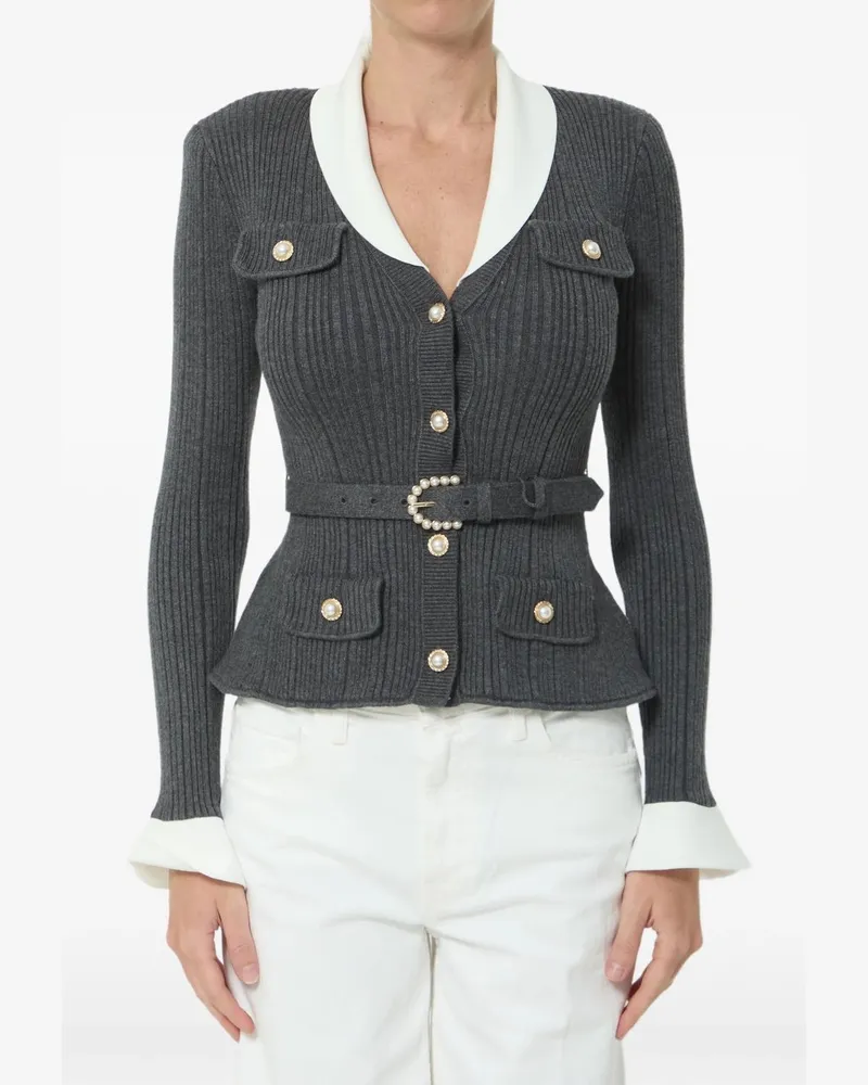 Self-Portrait Grey Ribbed Knit Cardigan Grau