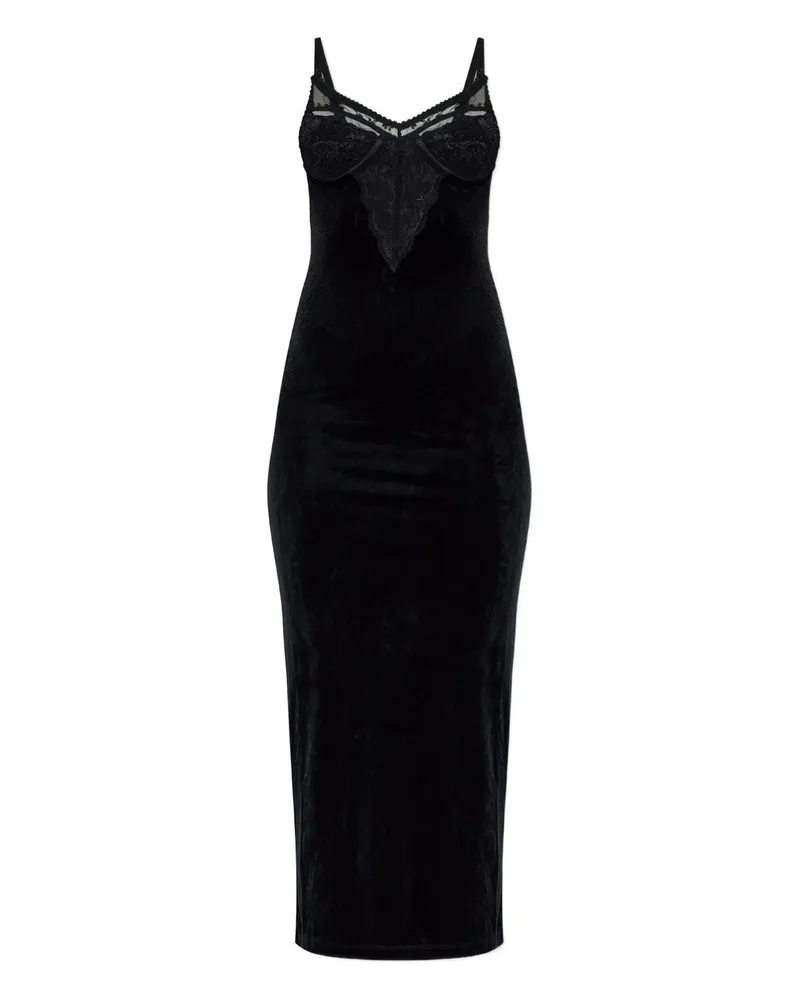 Self-Portrait Black Velvet Strappy Midi Dress Schwarz