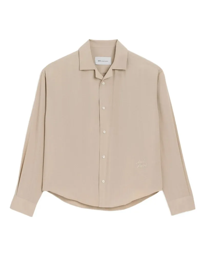 AMI Paris Long Sleeve Boxy Shirt With Camp Collar And Embroidered Beige
