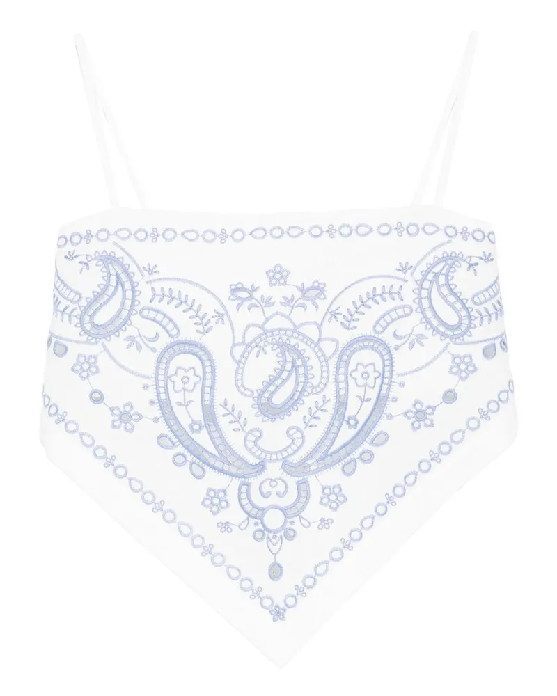 Self-Portrait White And Blue Embroidered Linen Top Weiß