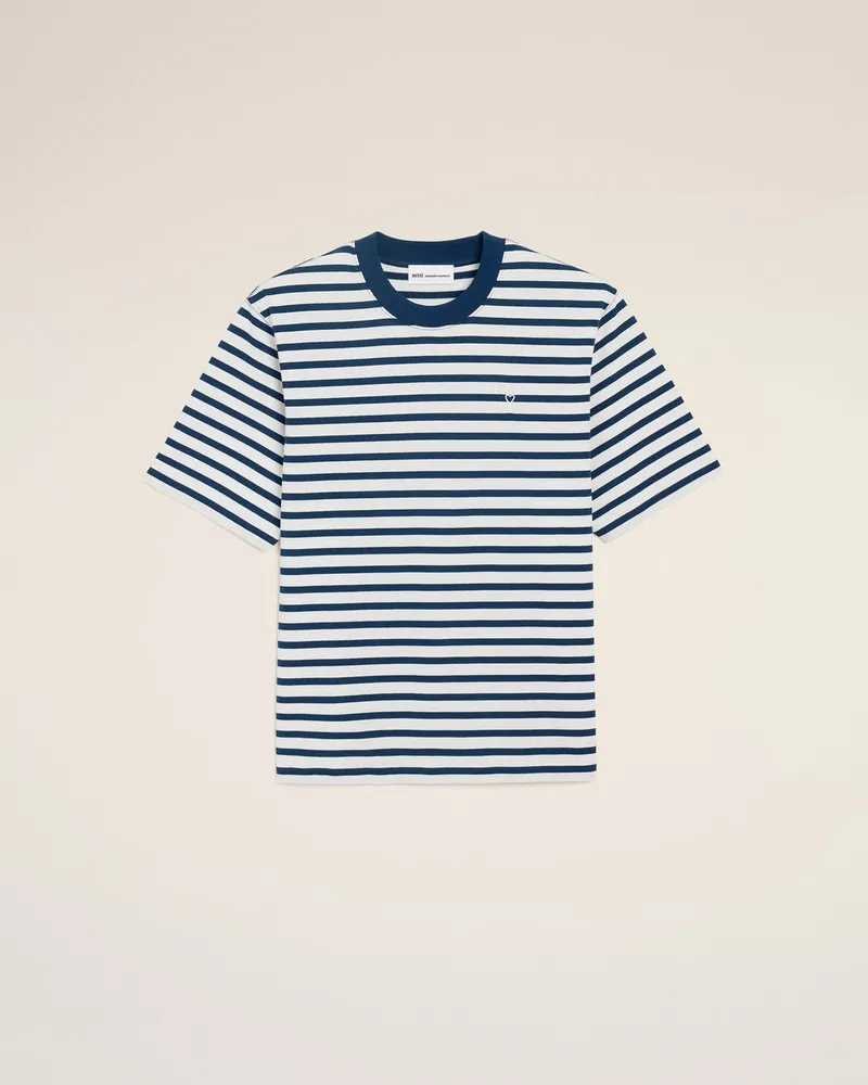 AMI Paris Short Sleeves Boxy Fit Mariniere Teeshirt With Ami de Coeur Patch Blau