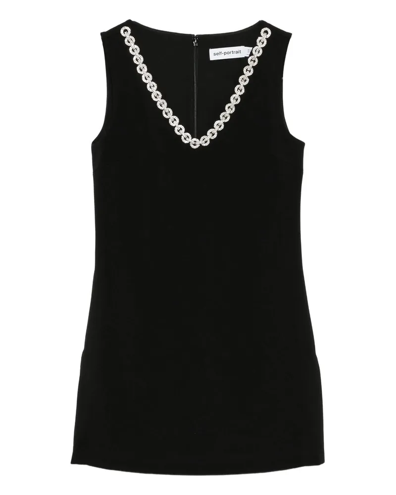 Self-Portrait Black Crepe Crystal Trim Mini Dress Schwarz