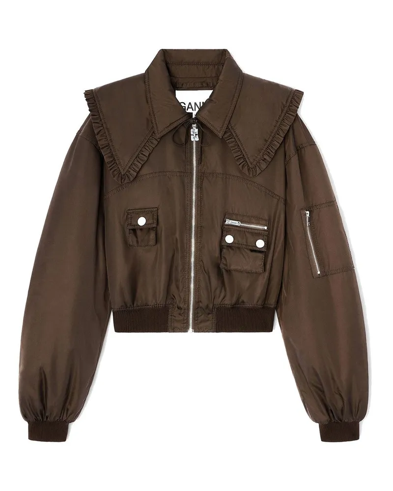 Ganni Duchesse Nylon Bomber Jacket Marrone Braun