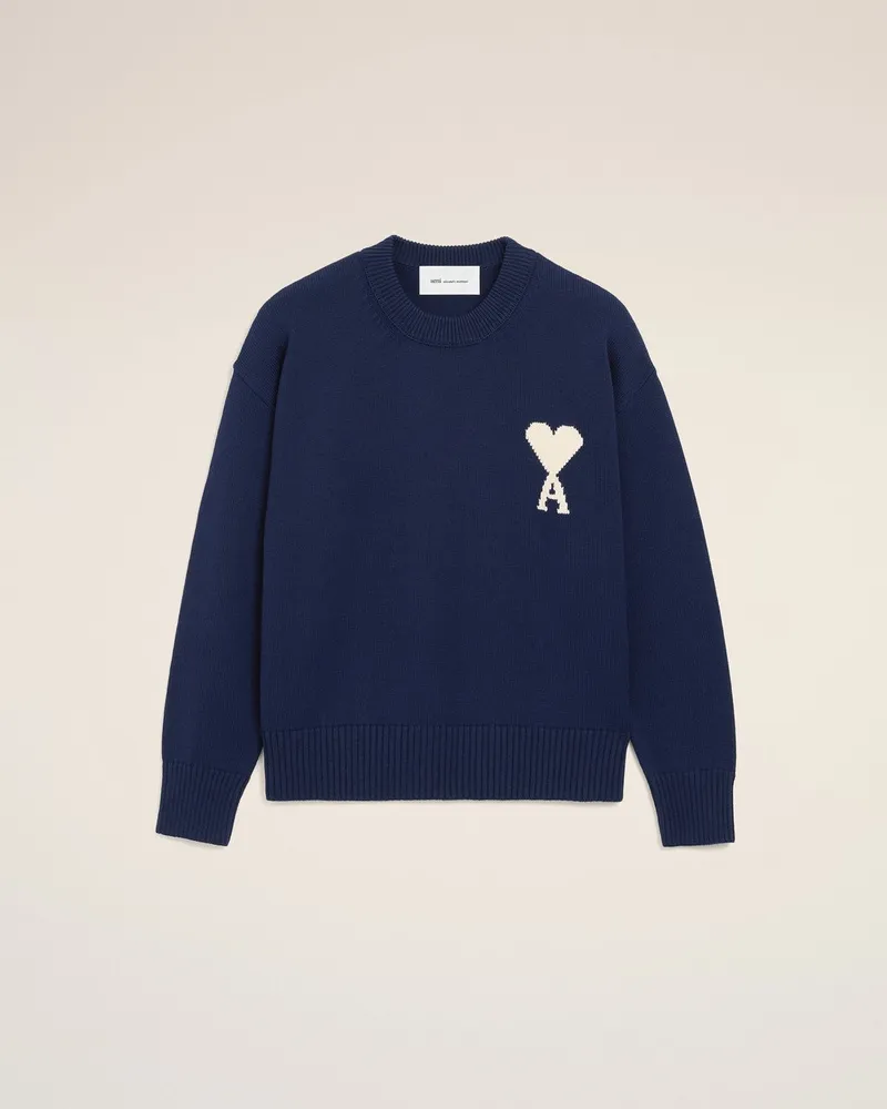 AMI Paris Crewneck Sweater With Contrasted Ami de Coeur Blau