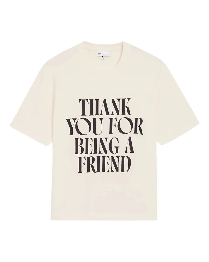 AMI Paris Boxy Fit Short Sleeves Teeshirt With Signature Print at Front Beige