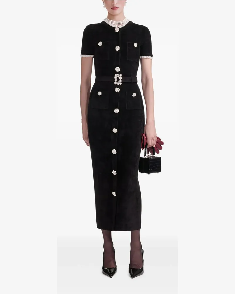Self-Portrait Black Chenille Knit Midi Dress Schwarz