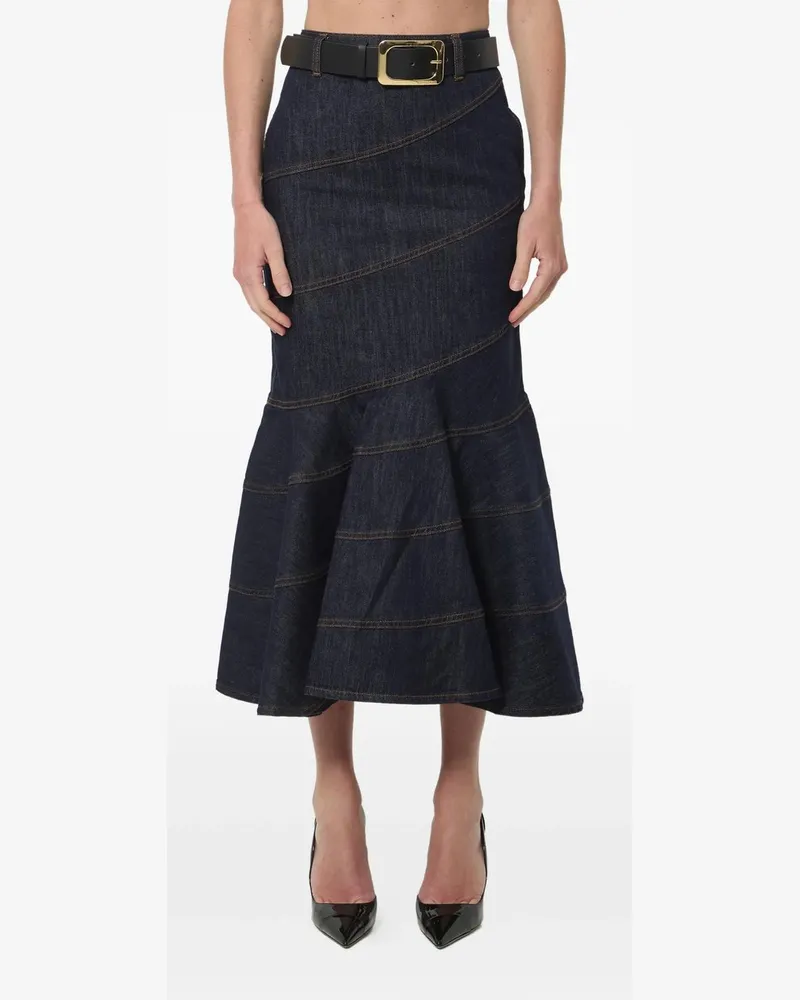 Self-Portrait Indigo Denim Belted Midi Skirt Blau