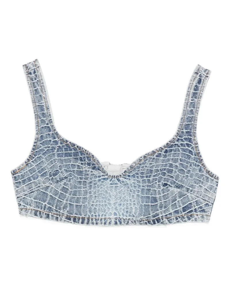 Self-Portrait Rhinestone Croc Effect Denim Bralette Blau