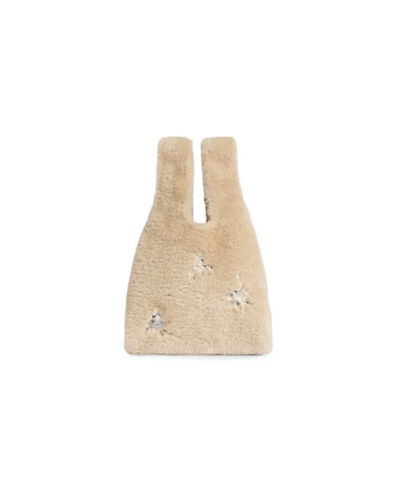 Simone Rocha Mini Faux Fur Shopper Bag w/ Emb Beige