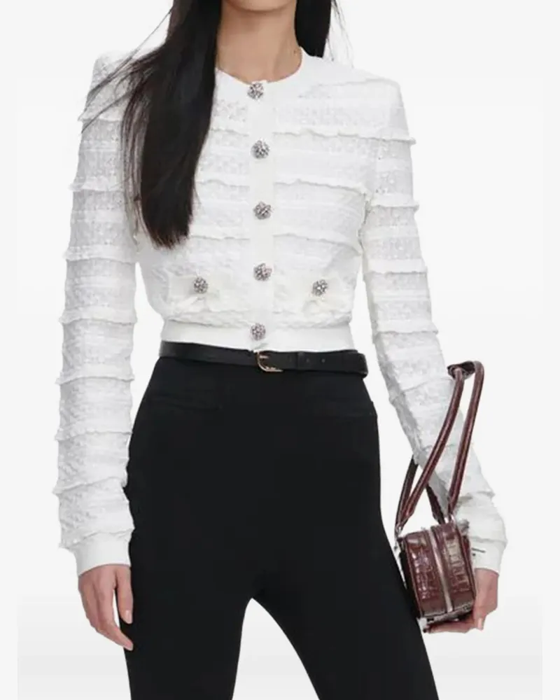 Self-Portrait White Pointelle Diamante Cardigan Weiß