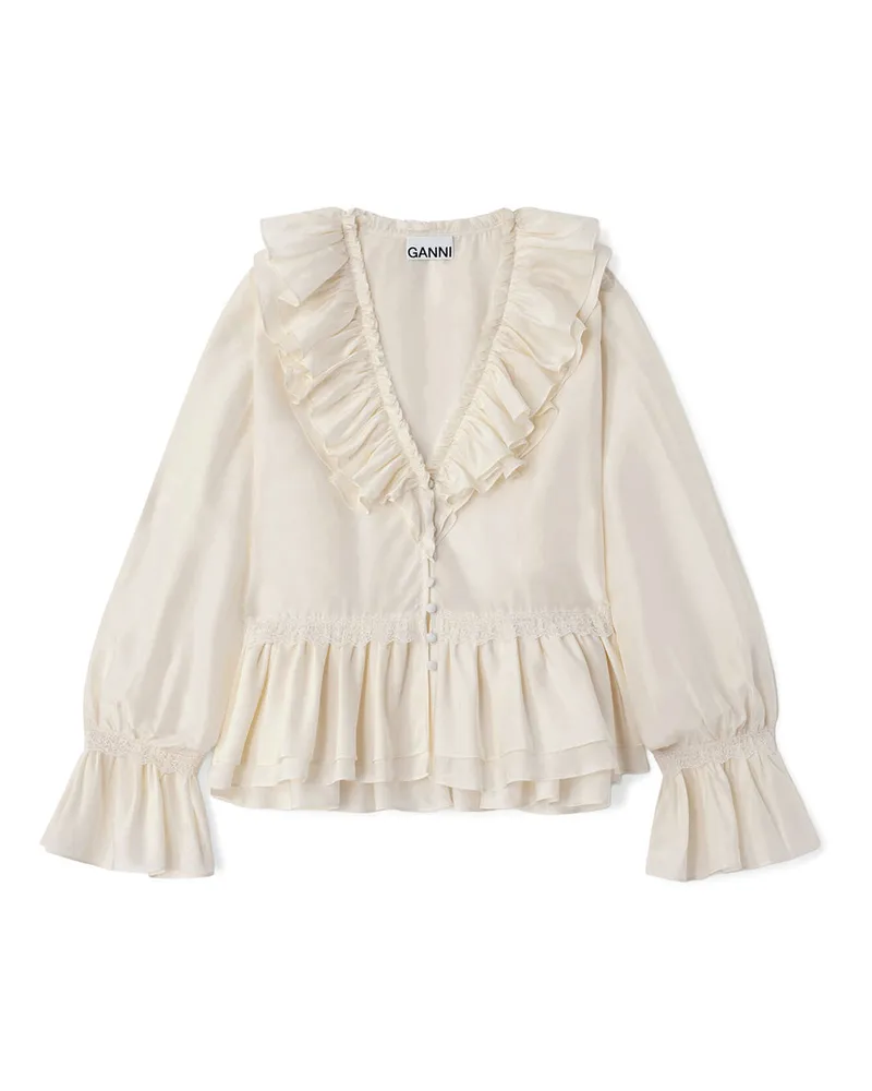 Ganni Viscose Silk Habotai Frill Blouse Weiß