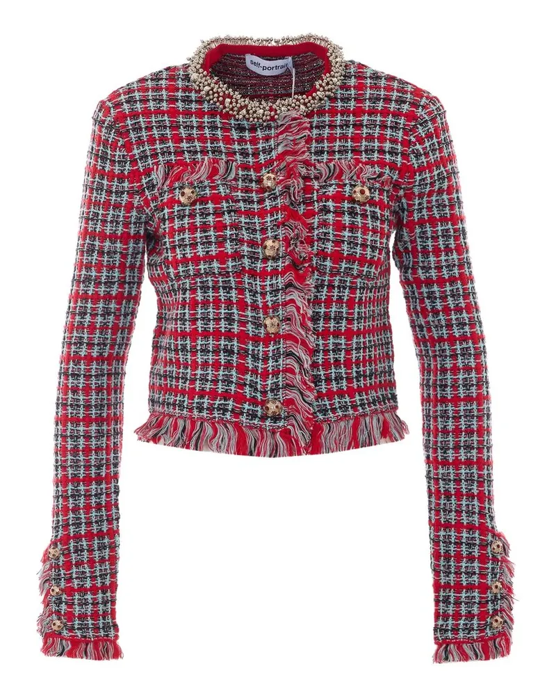Self-Portrait Red Check Frayed Knit Jacket Rot