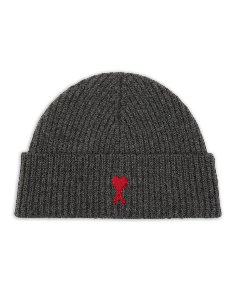 AMI Paris Beanie With Red Ami de Coeur Grau