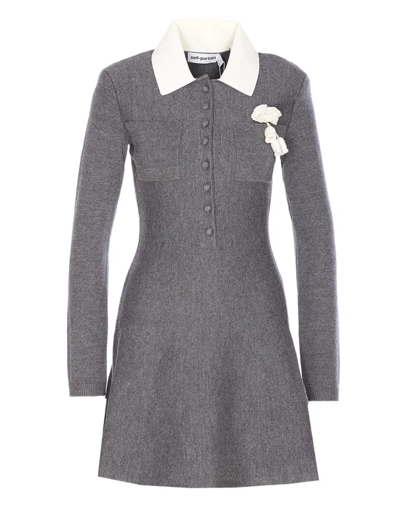 Self-Portrait Grey Crochet Flower Collared Knit Mini Dress Grau