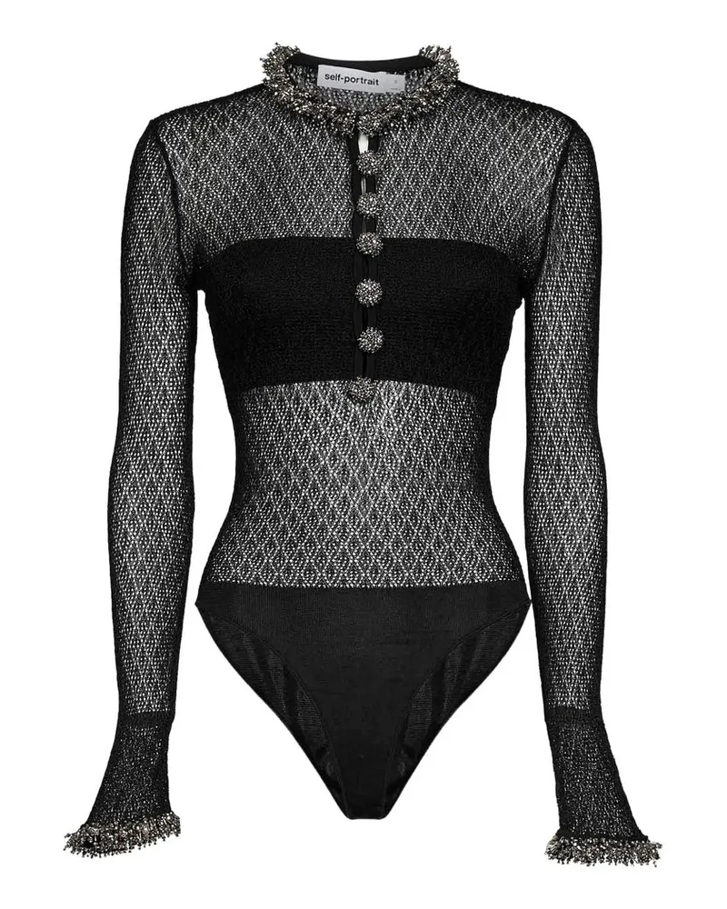 Self-Portrait Black Pointelle Knit Embellished Bodysuit Schwarz