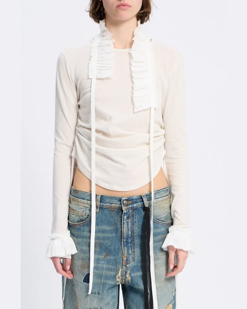 Ann Demeulemeester Inna Wrinkled Cropped Long Sleeve Top With Ruffled Weiß