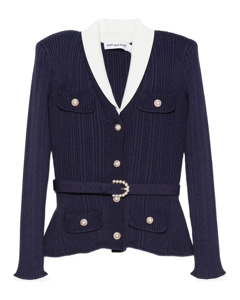 Self-Portrait Navy Ribbed Knit Cardigan Blau