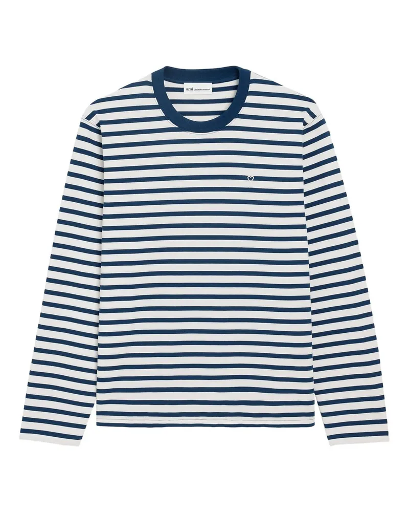 AMI Paris Long Sleeves Boxy Fit Mariniere Teeshirt With Ami de Coeur Patch Blau