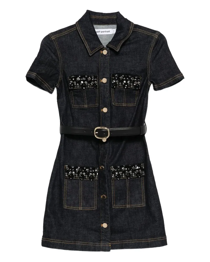 Self-Portrait Indigo Denim Crystal Trim Mini Dress Blau