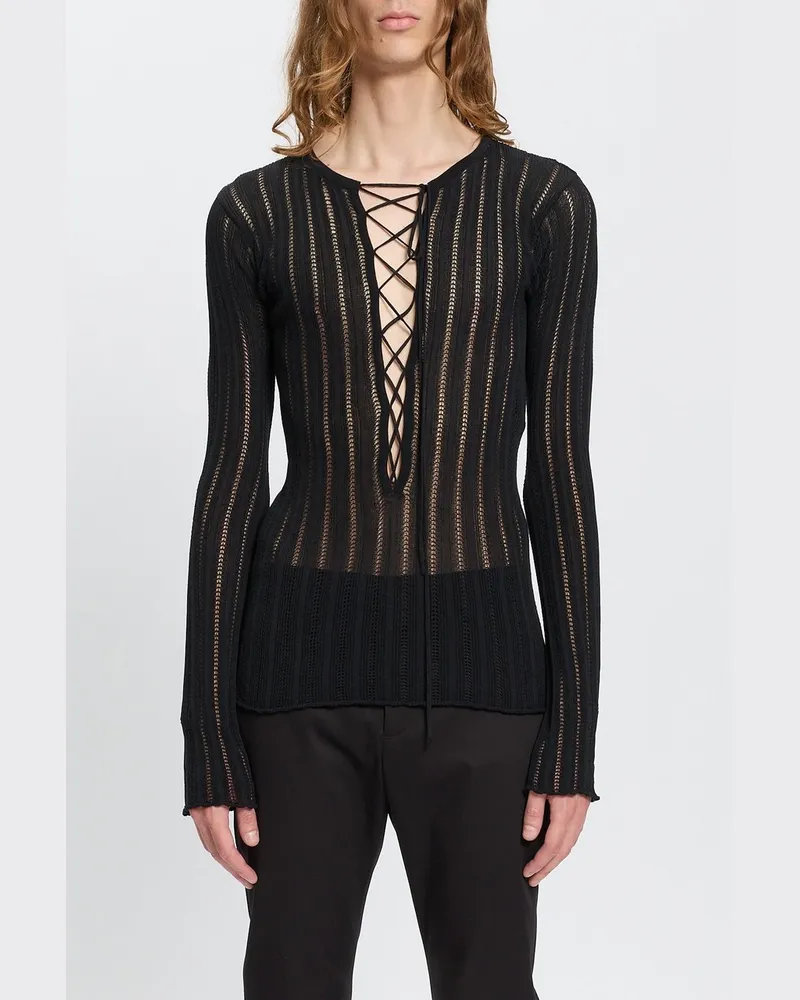 Ann Demeulemeester Kell Open Rib Laced up Serafino Knit Top Schwarz