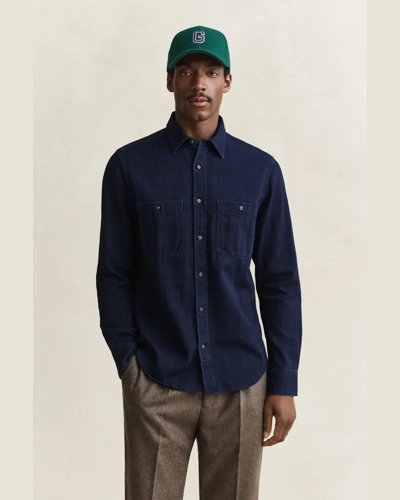Gant Herren Indigo Herringbone Hemd DARK Blau Dark