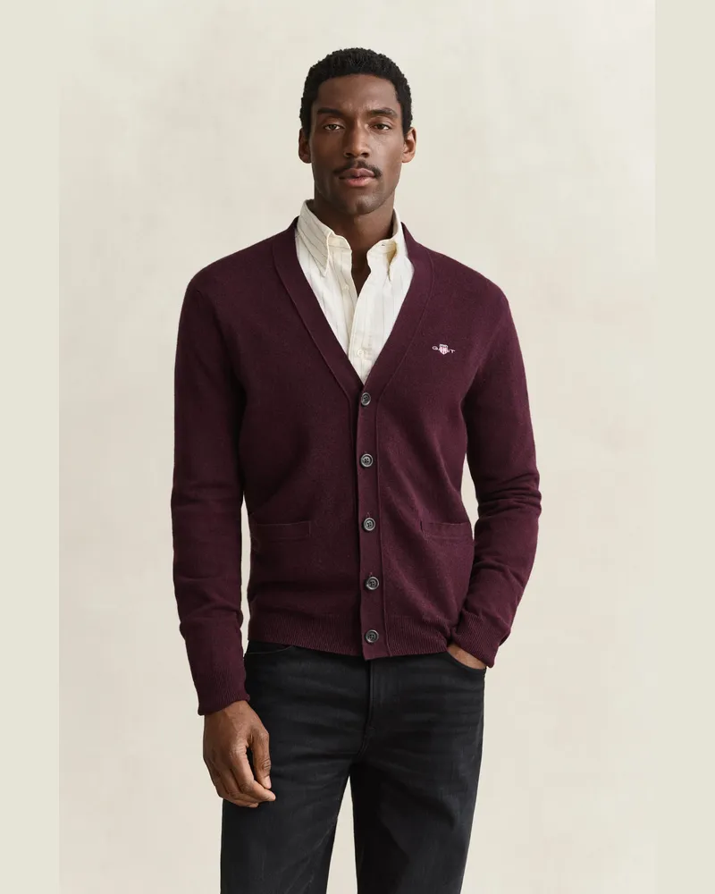 Gant Herren V-Neck Strickjacke aus Lambswool DARKENED WINE Darkened