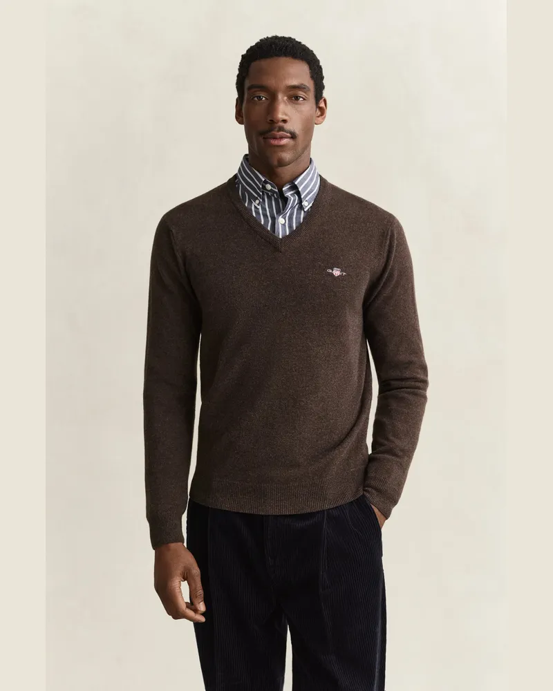 Gant Herren V-Neck Pullover aus Lambswool DARK Braun MELANGE Dark