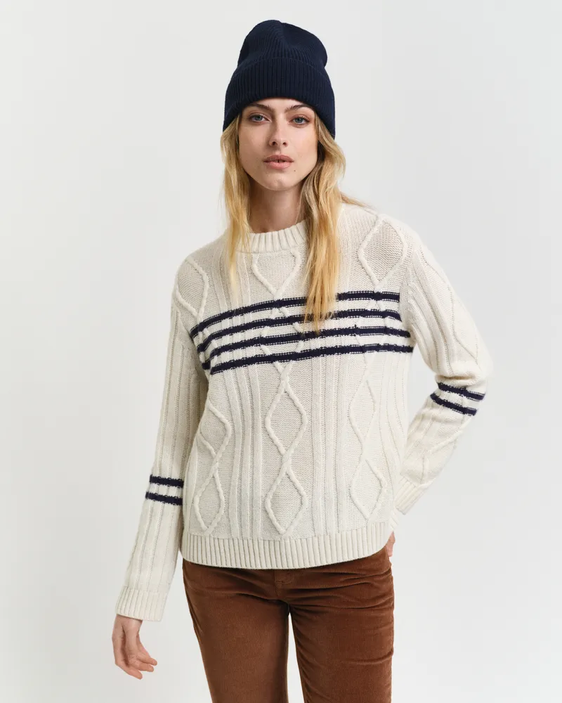Gant Damen Zopfstrick Pullover mit Kontraststreifen 