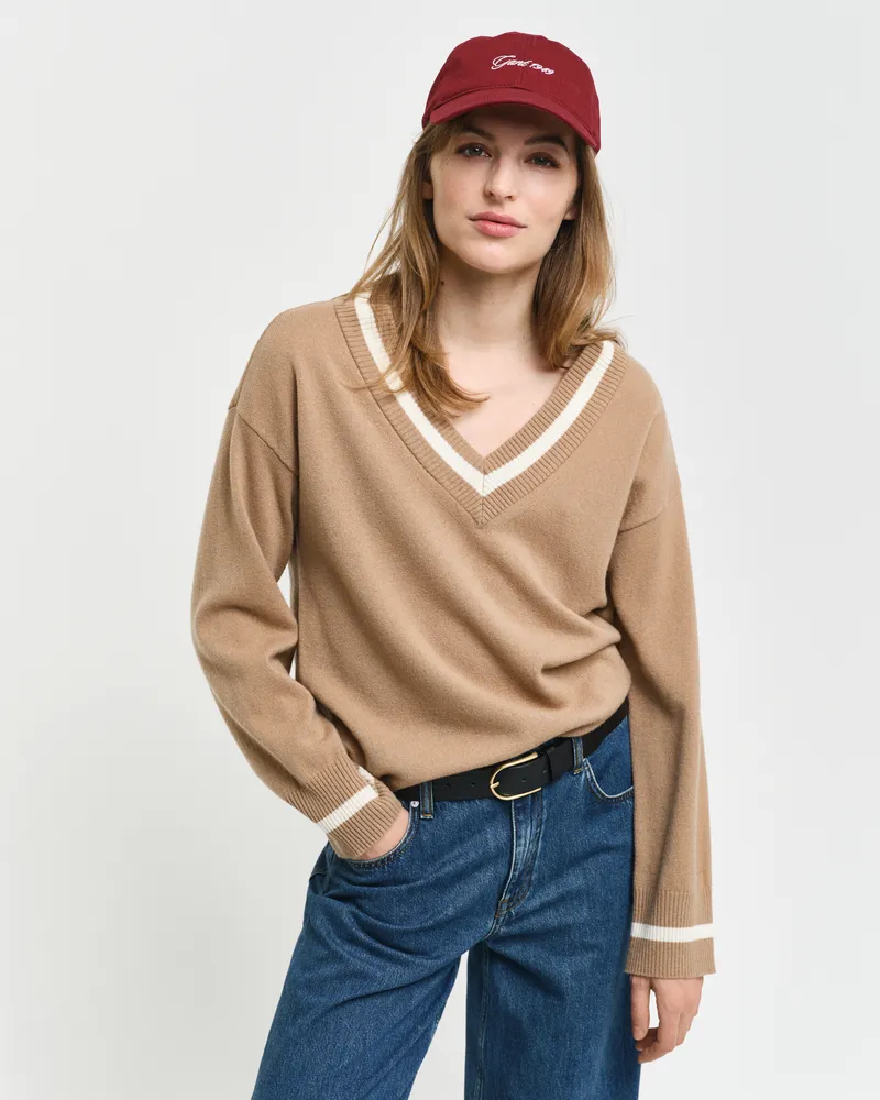 Gant Damen Superfine Lambswool V-Neck Pullover mit Kontrast 