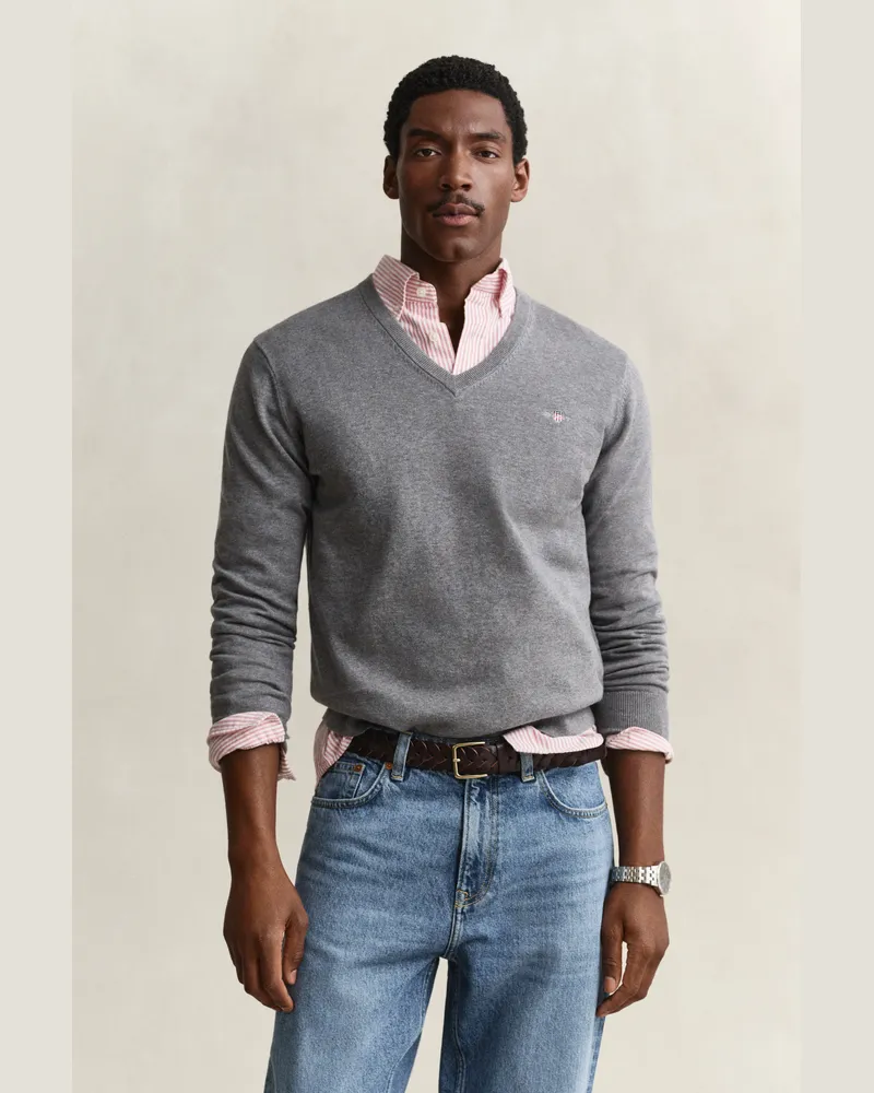 Gant Herren V-Neck Pullover aus Baumwolle DARK Grau MELANGE Dark