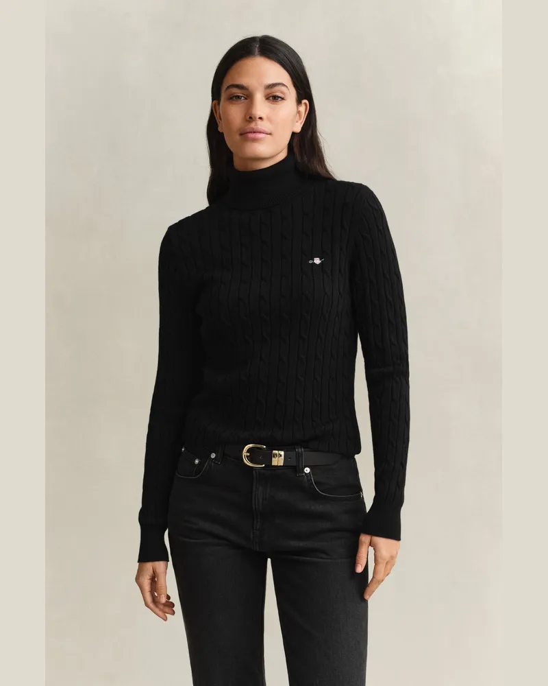 Gant Damen Zopfstrick Rollkragenpullover aus Stretch-Baumwolle Schwarz Schwarz