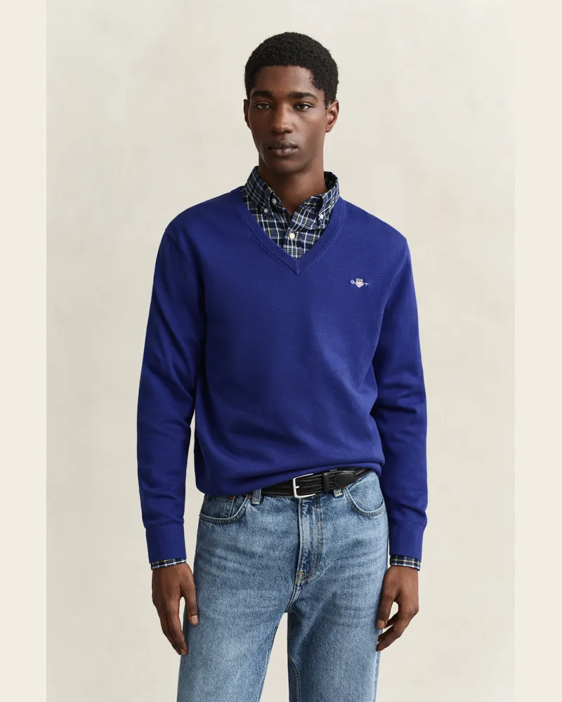Gant Herren V-Neck Pullover aus Baumwolle CRISP Blau Crisp