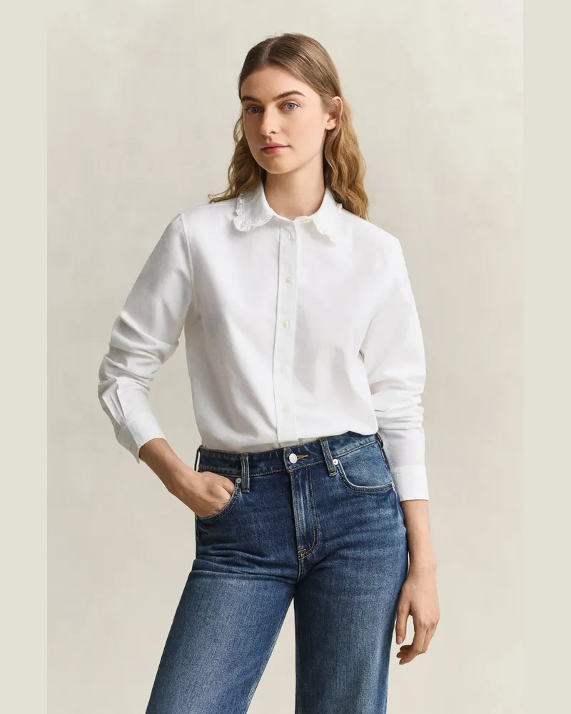 Gant Damen Classic Oxford-Bluse mit Rüschen Weiß Weiß
