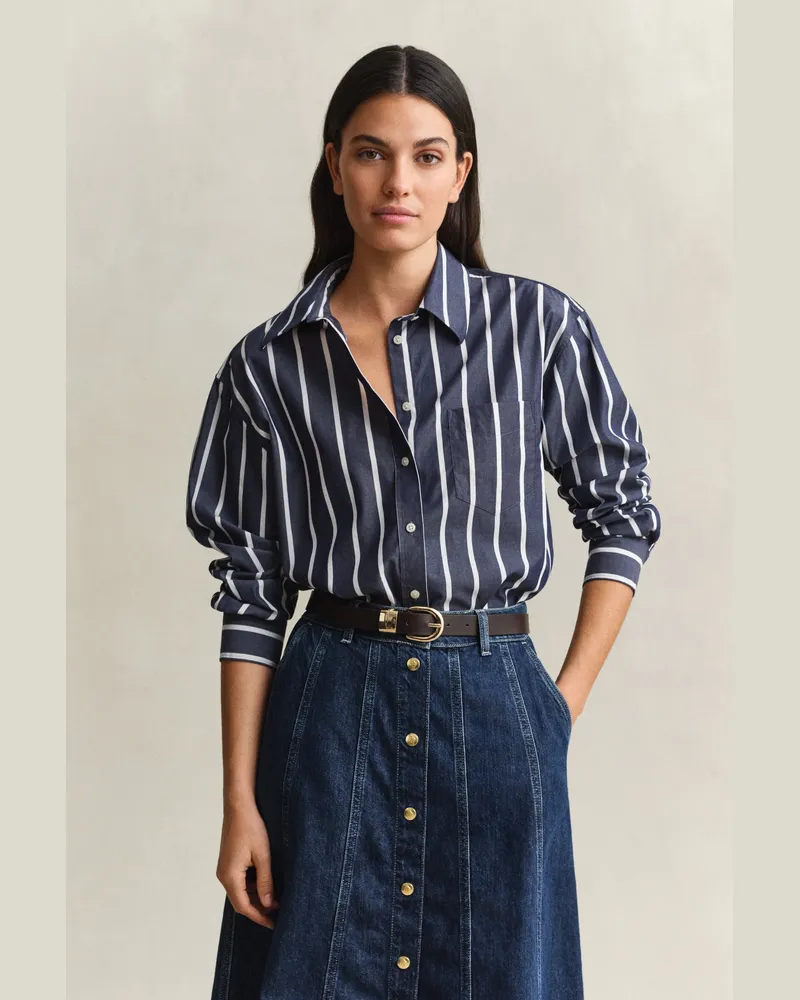 Gant Damen Relaxed Fit Classic Popeline-Bluse mit Streifen EVENING Blau Evening