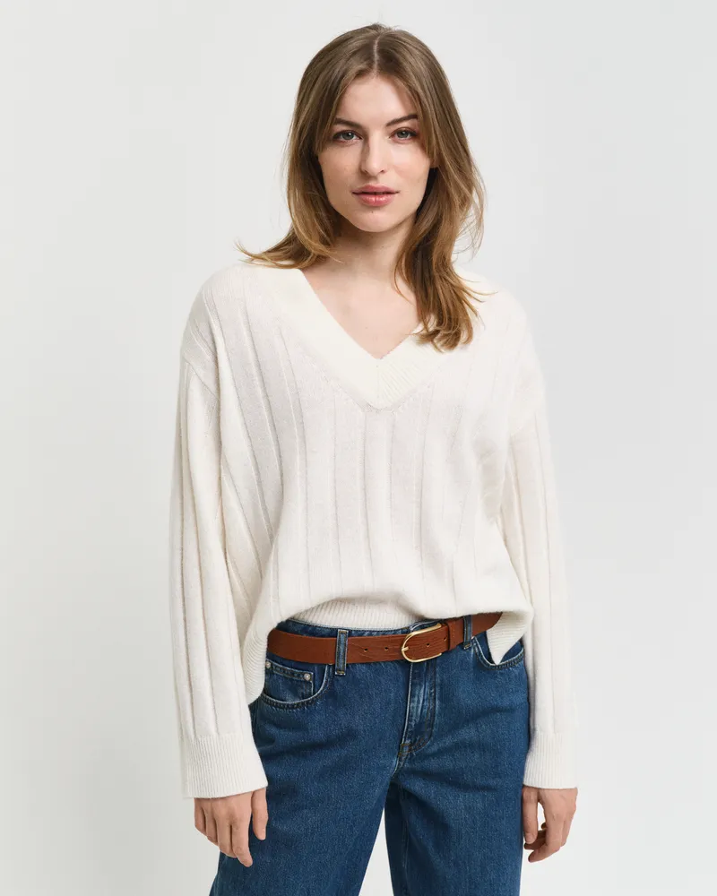 Gant Damen Breit gerippter V-Neck Wollpullover 