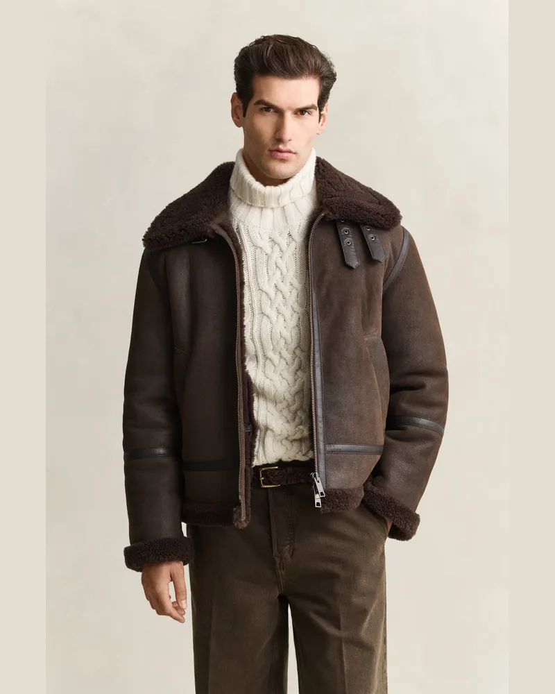 Gant Herren Shearling-Jacke Schwarz Braun Schwarz