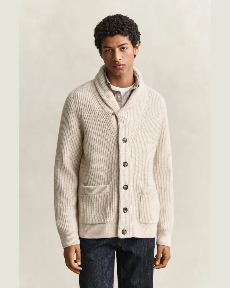 Gant Herren Gerippte Strickjacke aus Wollgemisch LIGHT BEIGE MELANGE Light