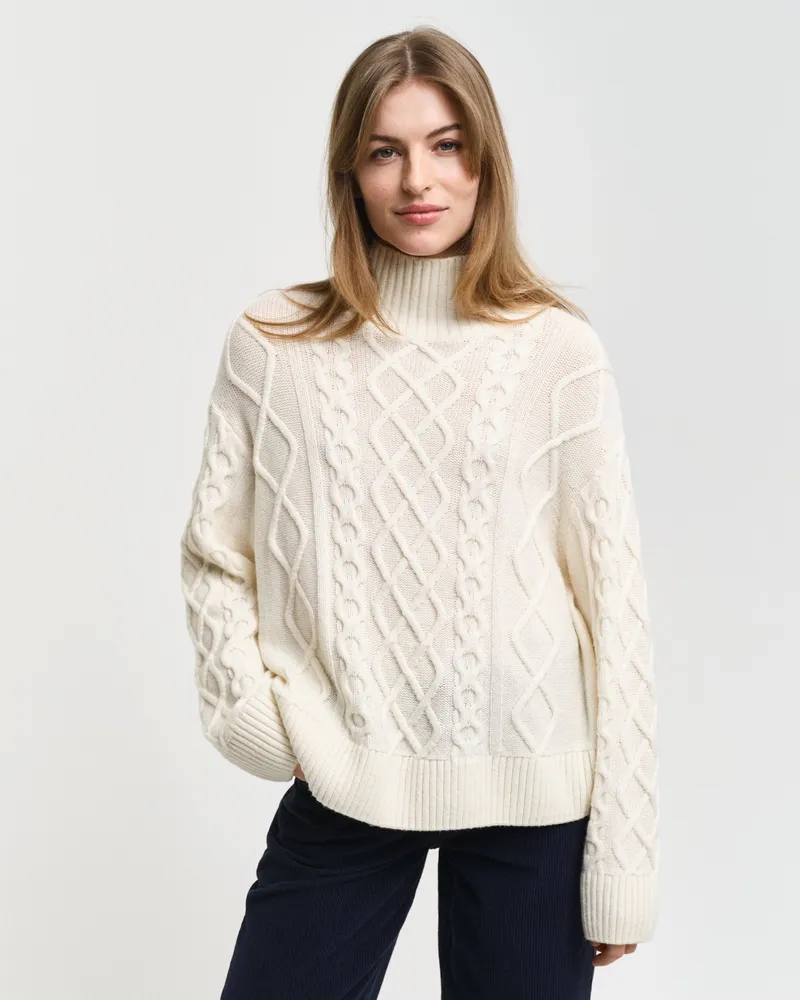 Gant Damen Zopfstrick Pullover mit Stehkragen 