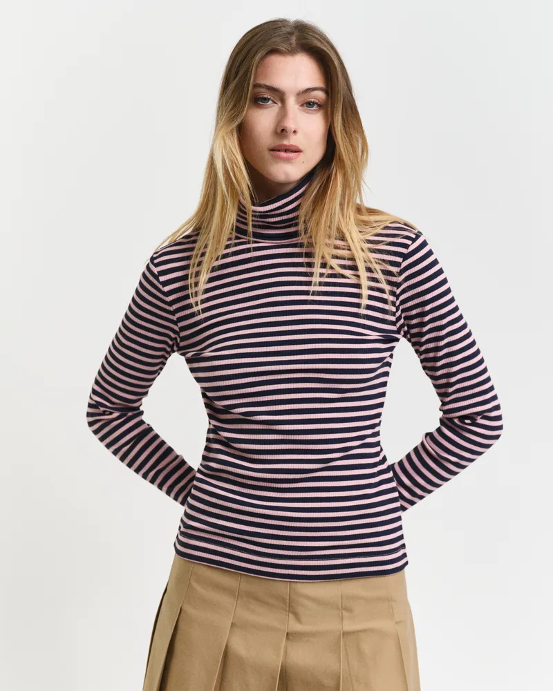 Gant Damen Geripptes Langarm-Rollkragenshirt mit Streifen 