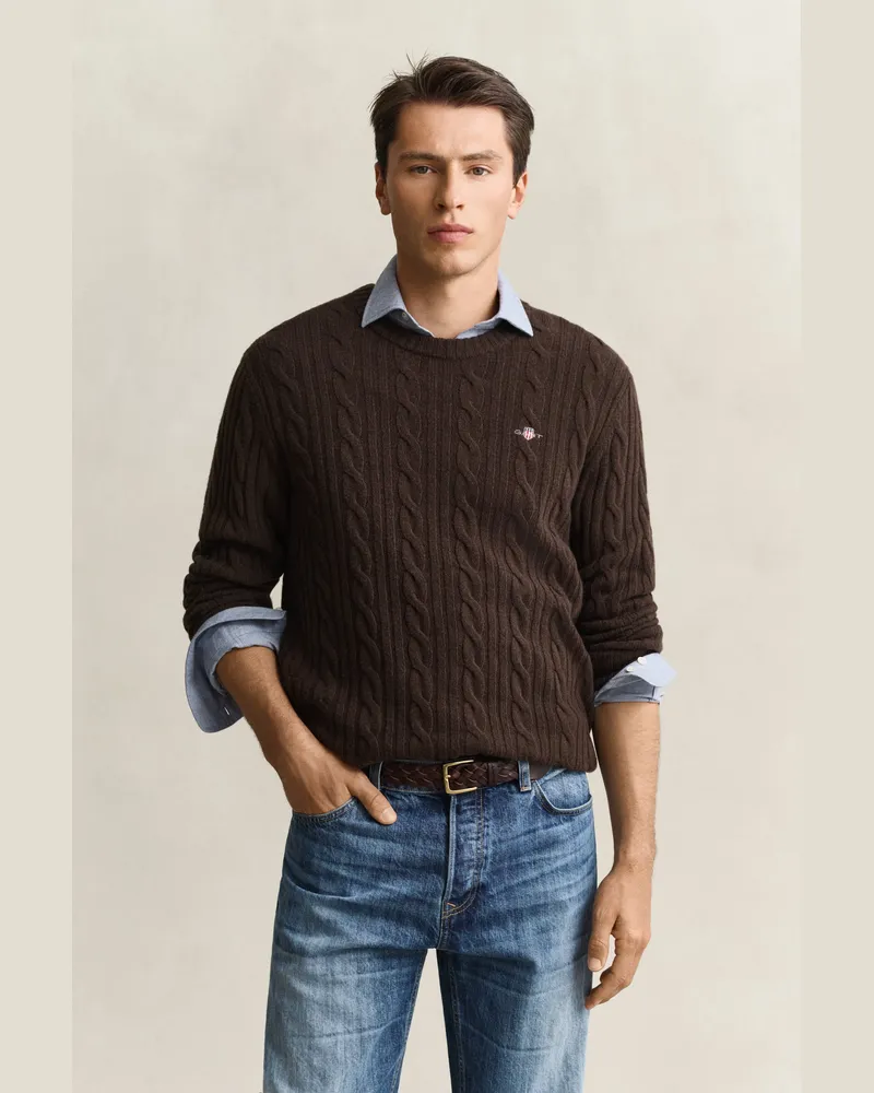 Gant Herren Lambswool Zopfstrick Rundhalspullover Schwarz Braun Schwarz